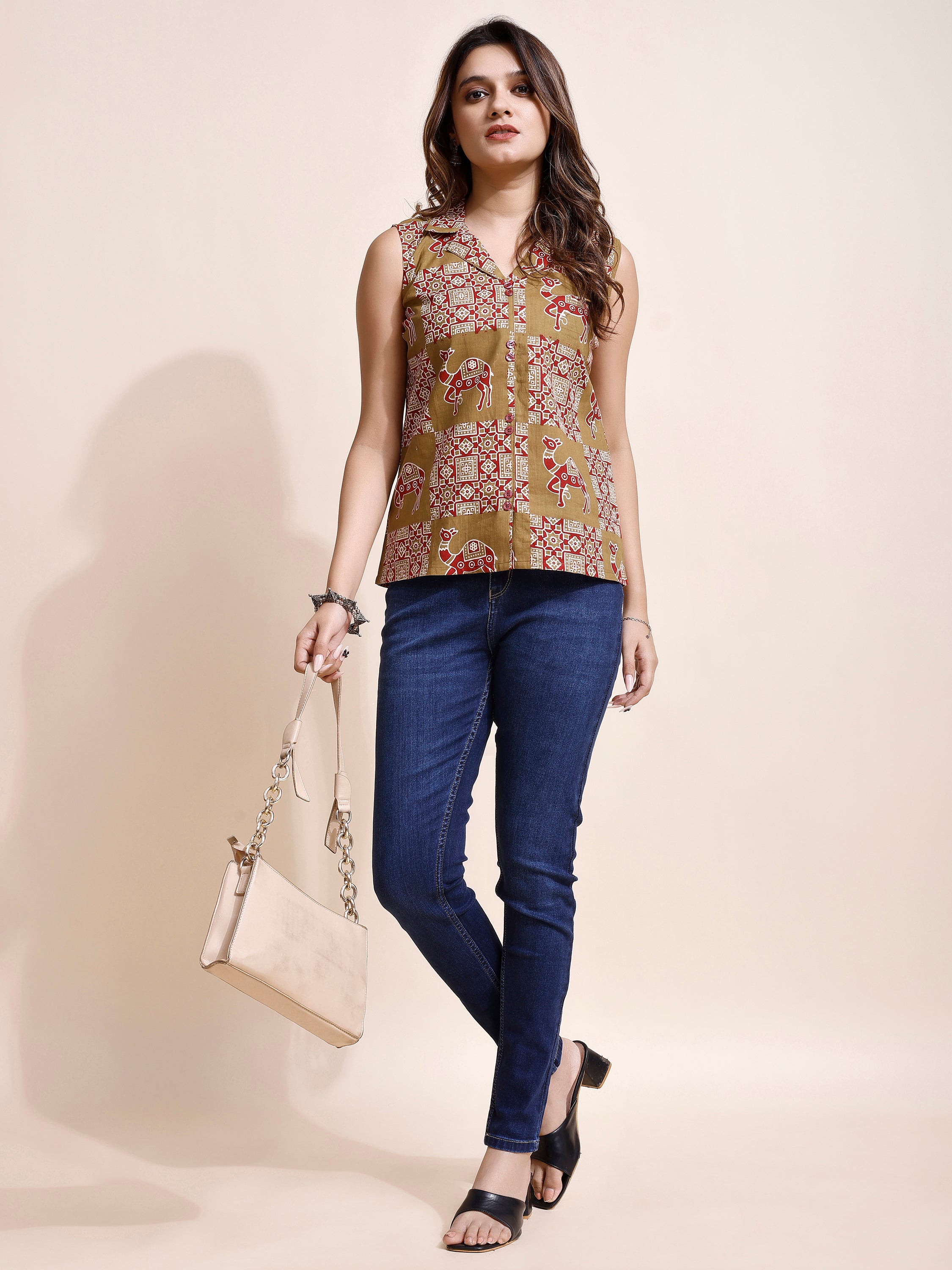 Women Camel Printed Tops