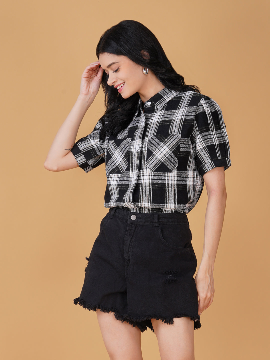 Women Checked Shirt Style Top