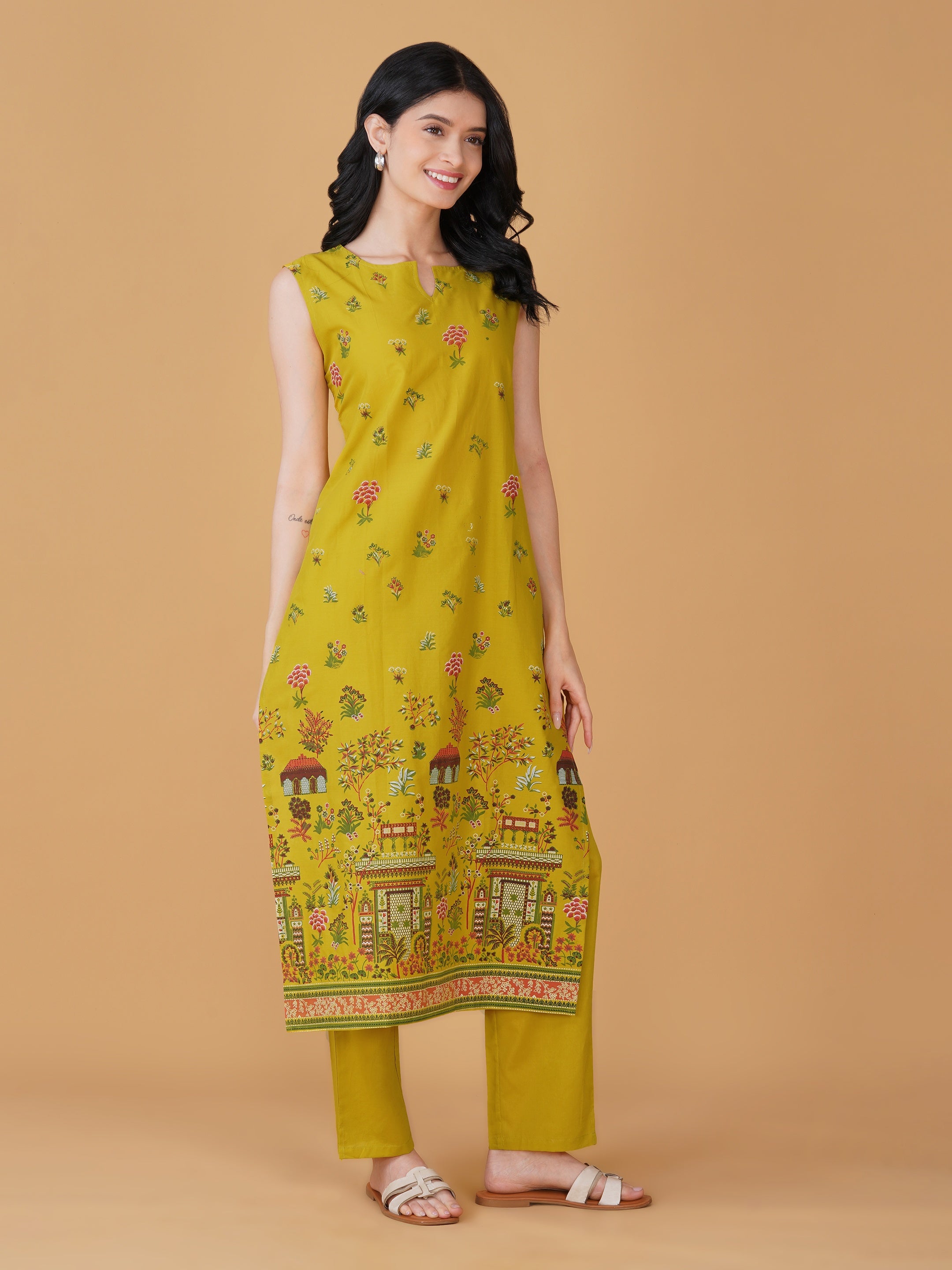 Yellow Cotton Printed Kurta set