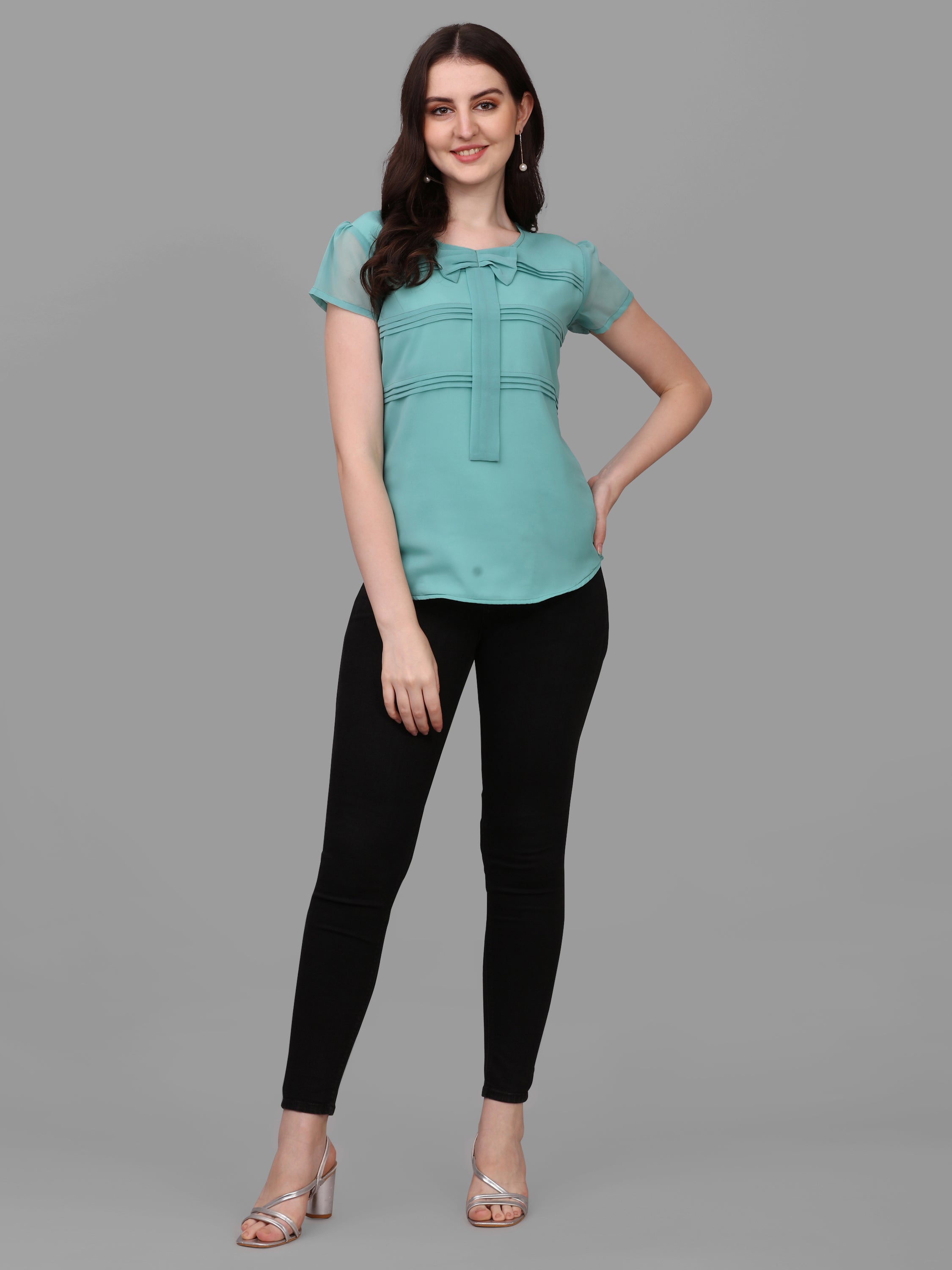 Women Solid Tie Neck Top