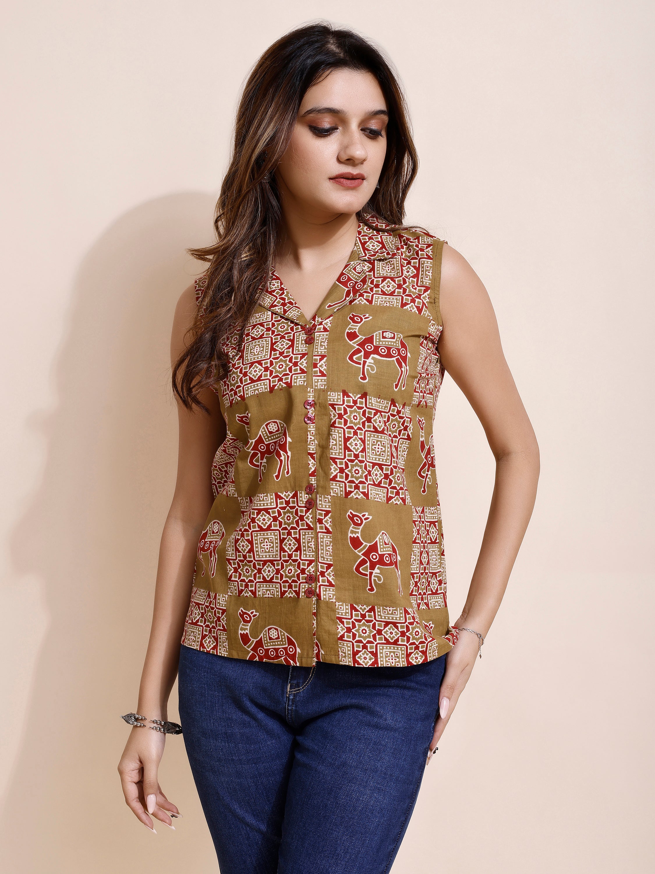 Women Camel Printed Tops
