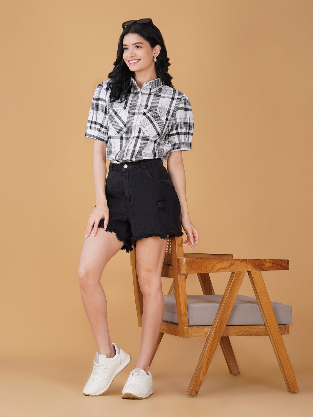 Women Checked Shirt Style Top