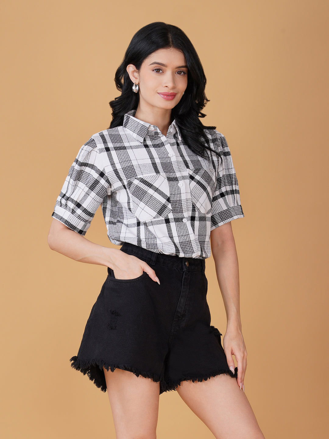 Women Checked Shirt Style Top