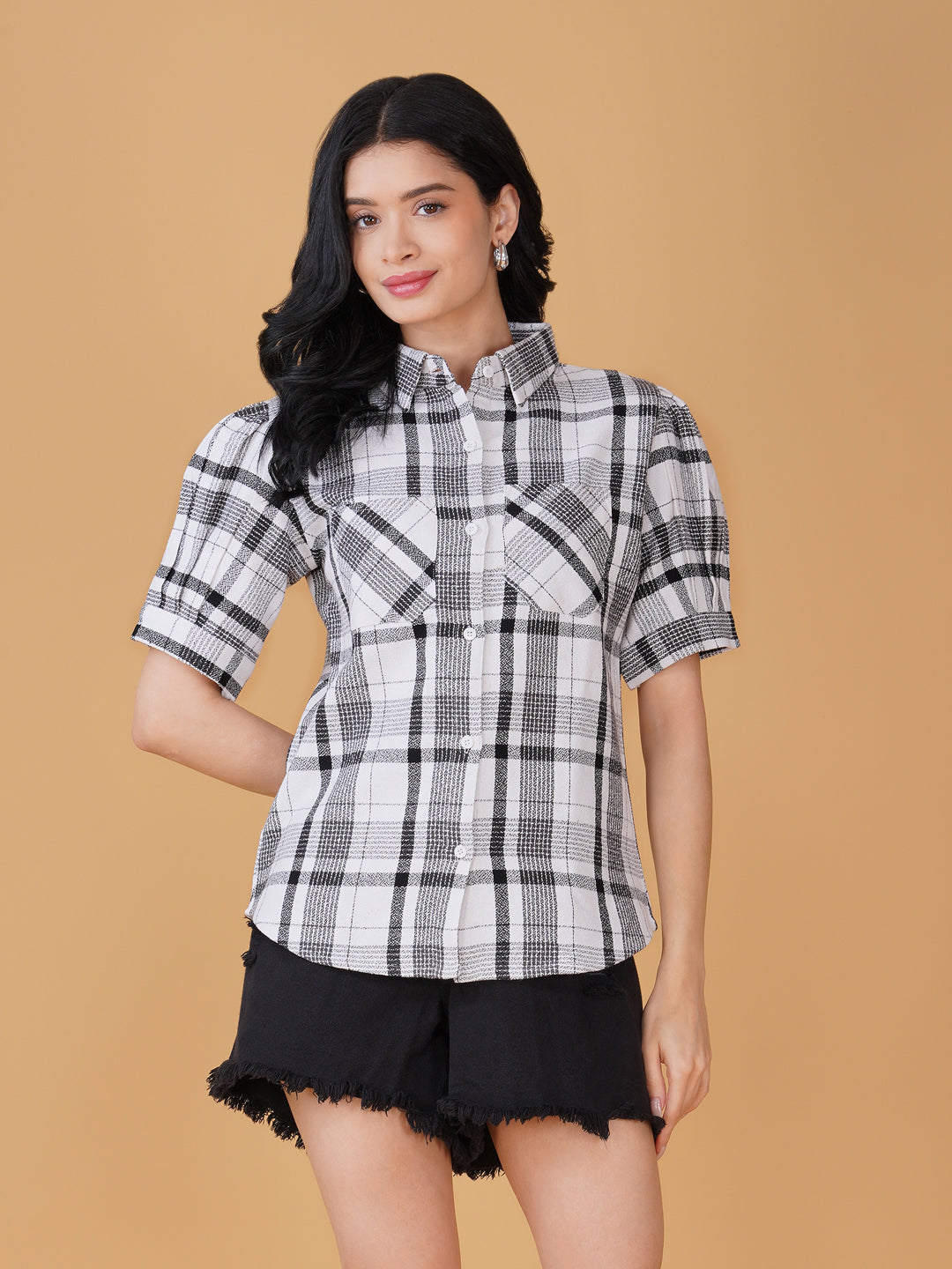 Women Checked Shirt Style Top