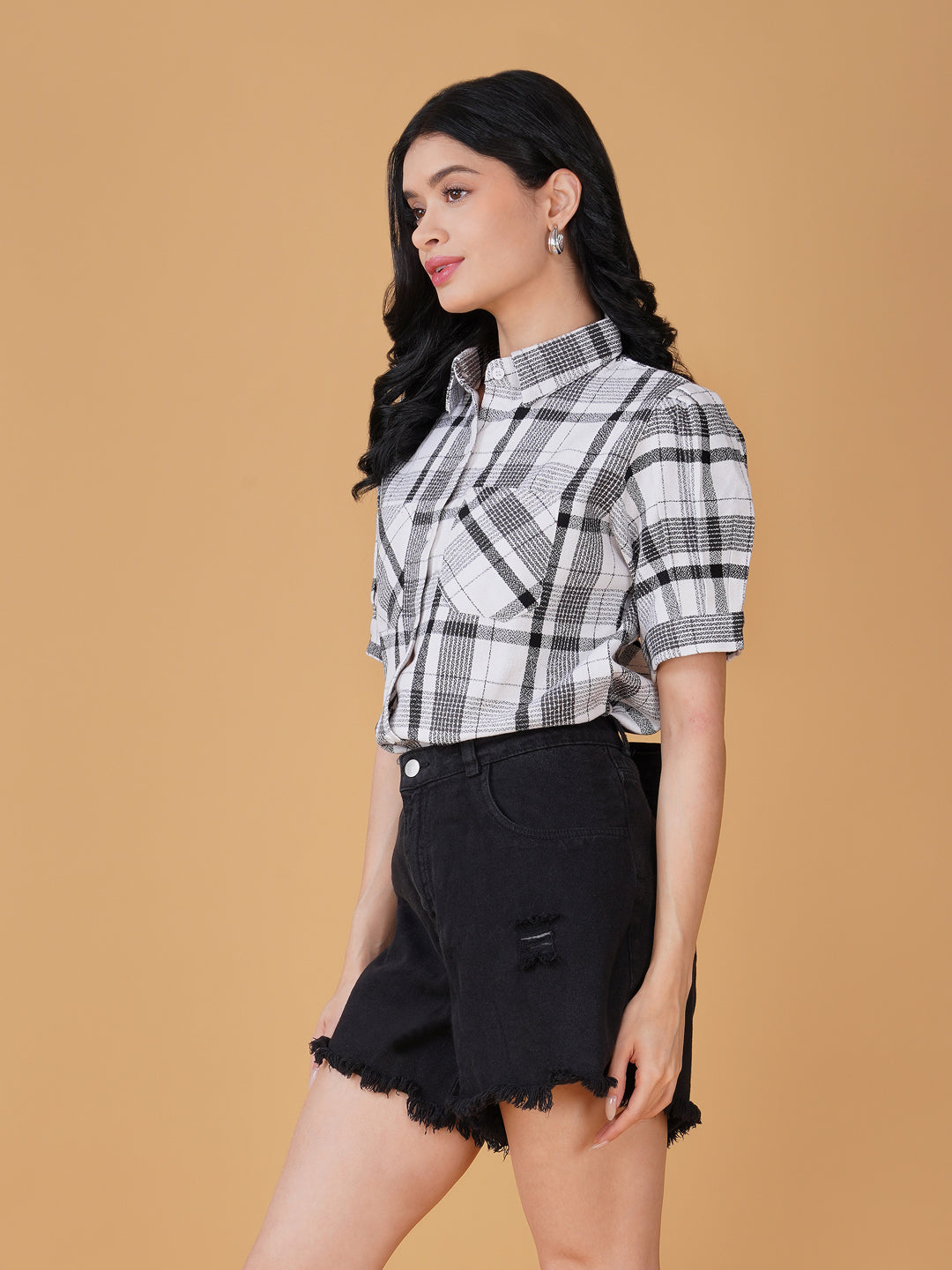 Women Checked Shirt Style Top