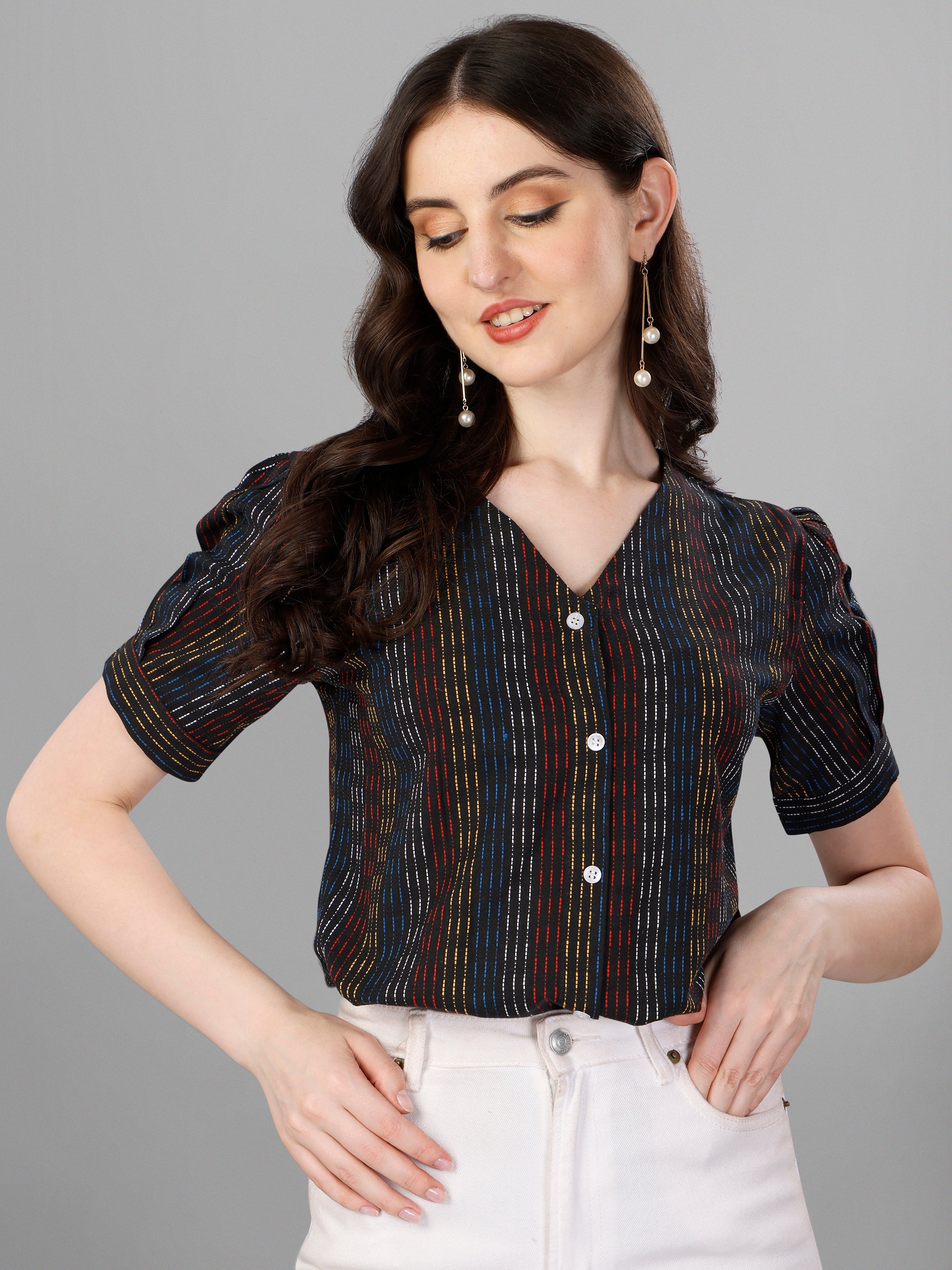 Striped Puff Sleeve Cotton Top