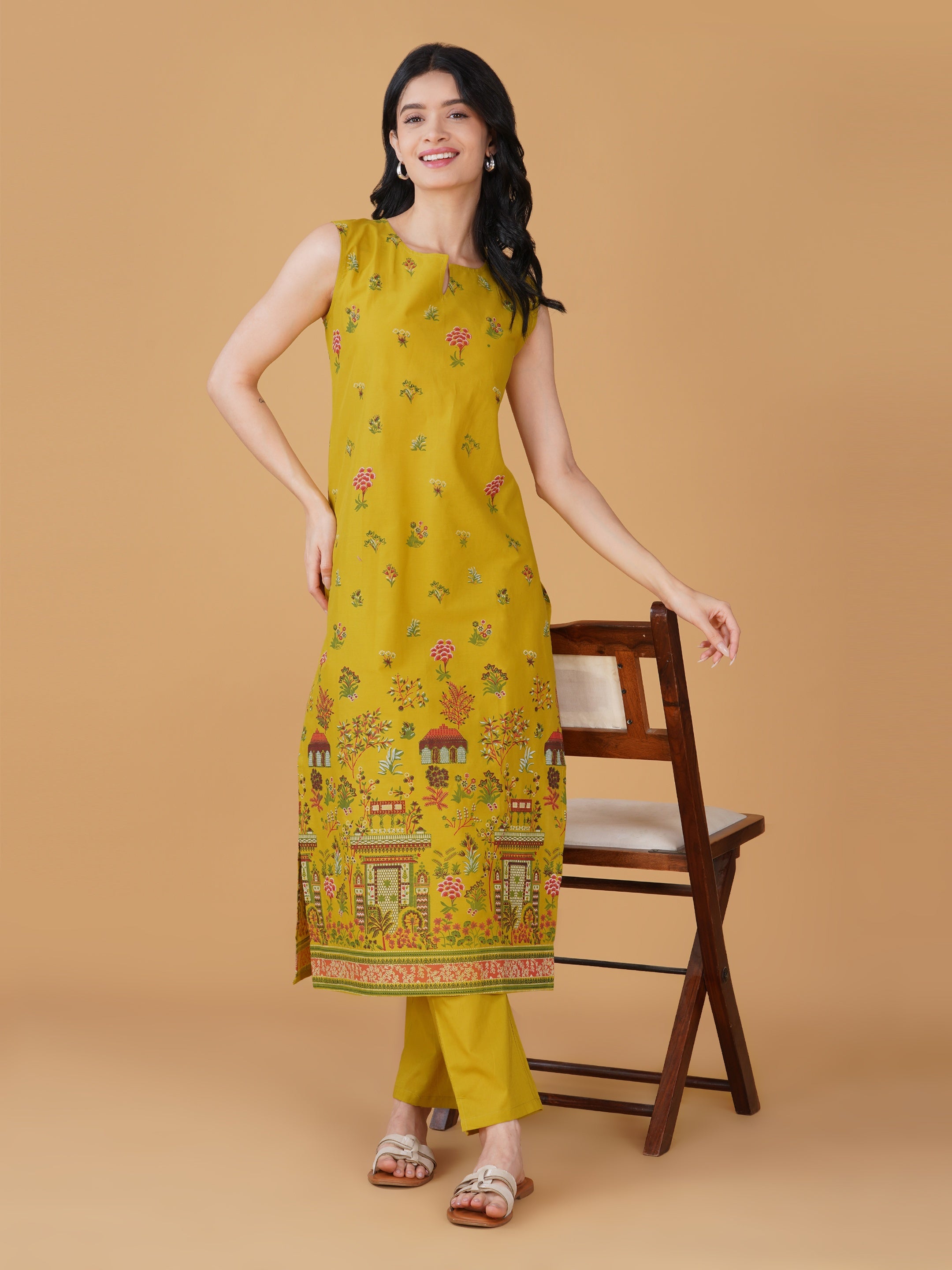 Yellow Cotton Printed Kurta set