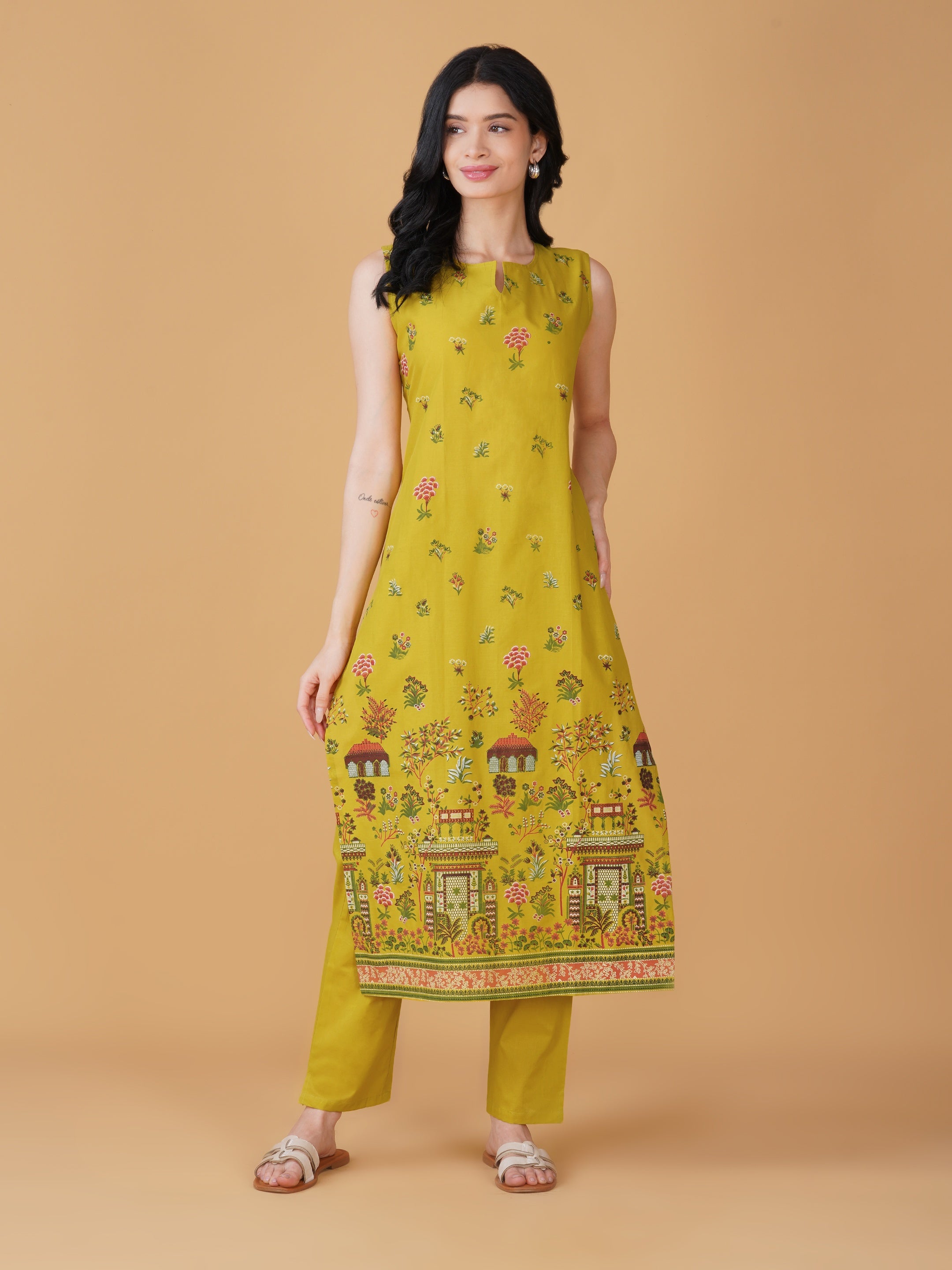 Yellow Cotton Printed Kurta set