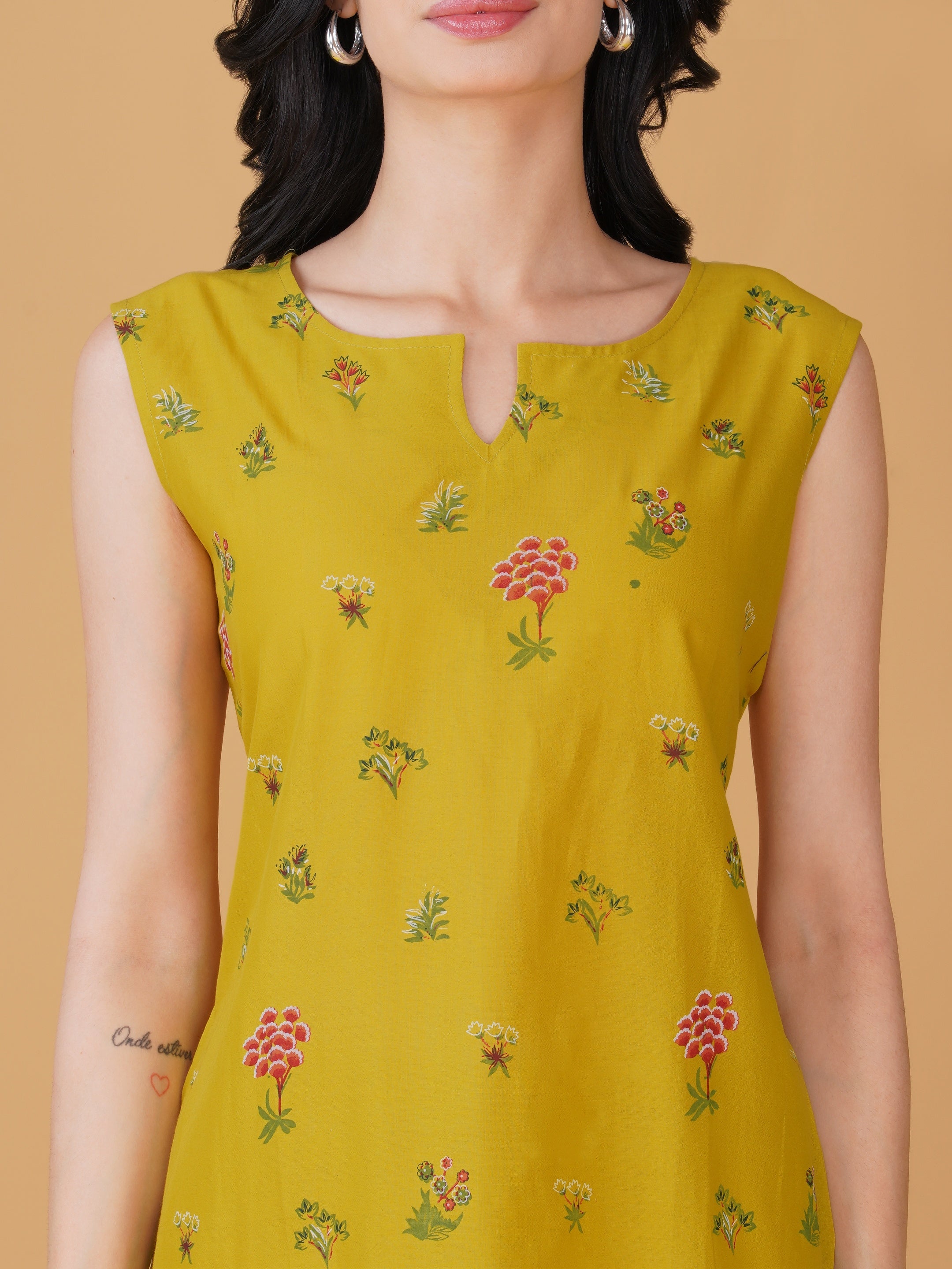 Yellow Cotton Printed Kurta set
