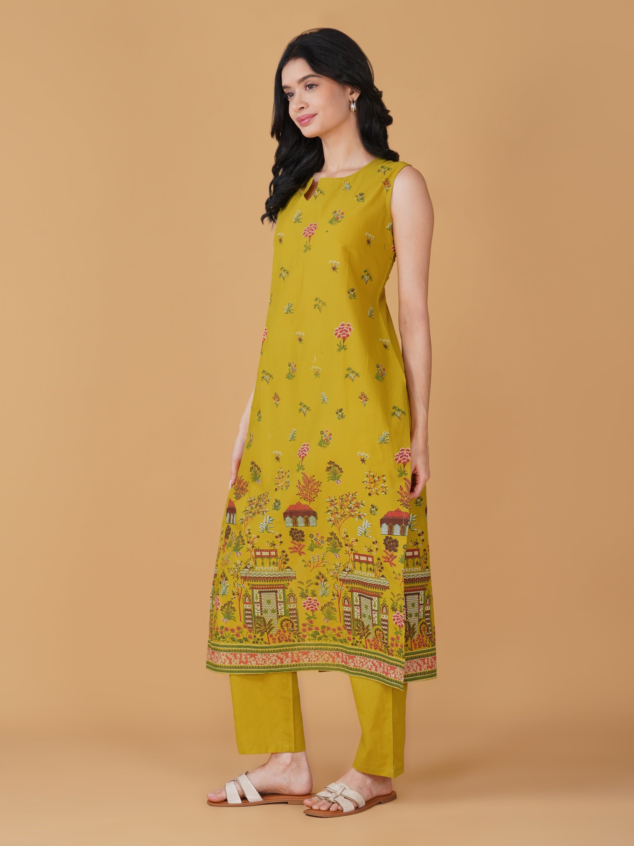 Yellow Cotton Printed Kurta set