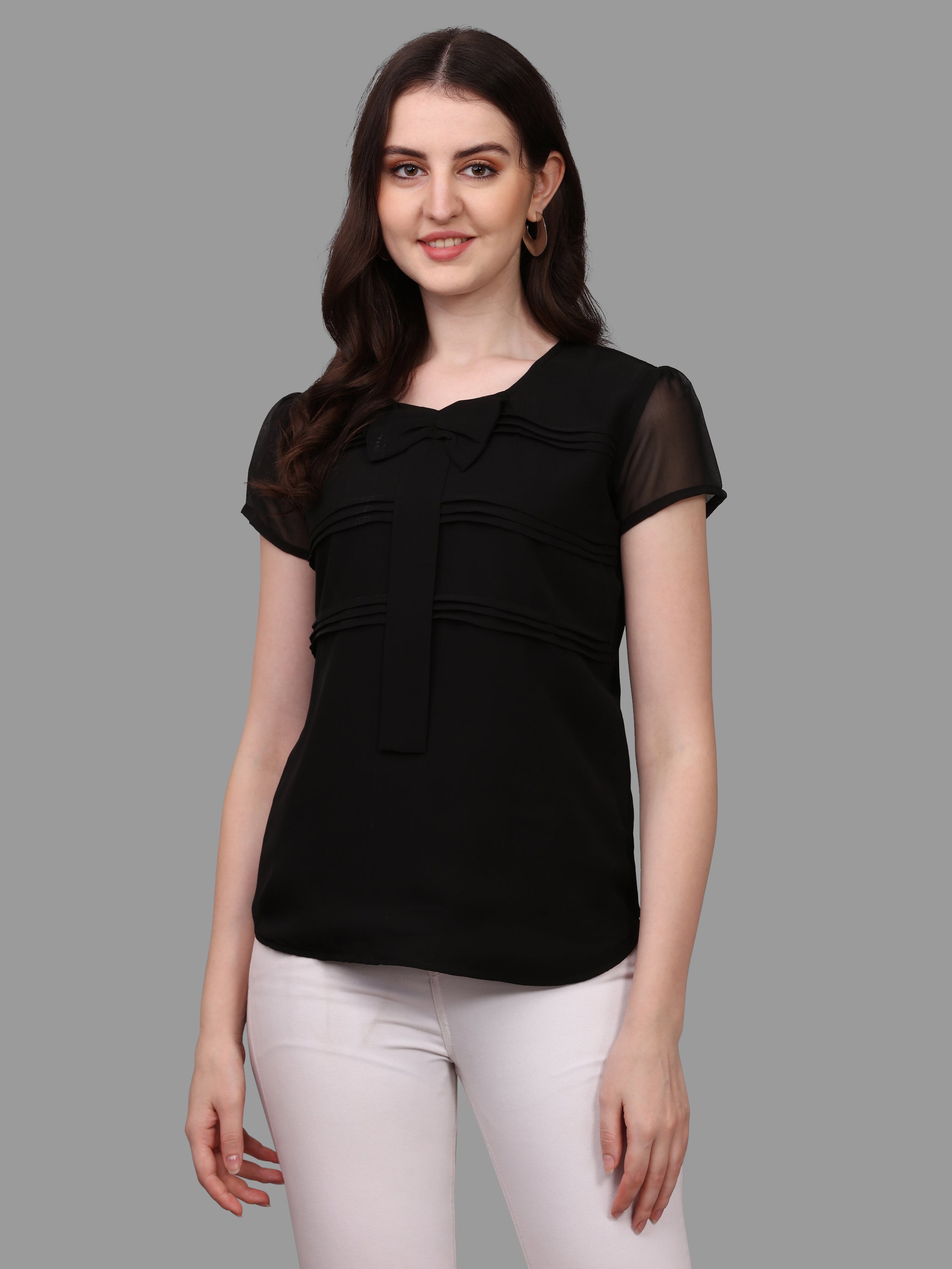 Women Solid Tie Neck Top