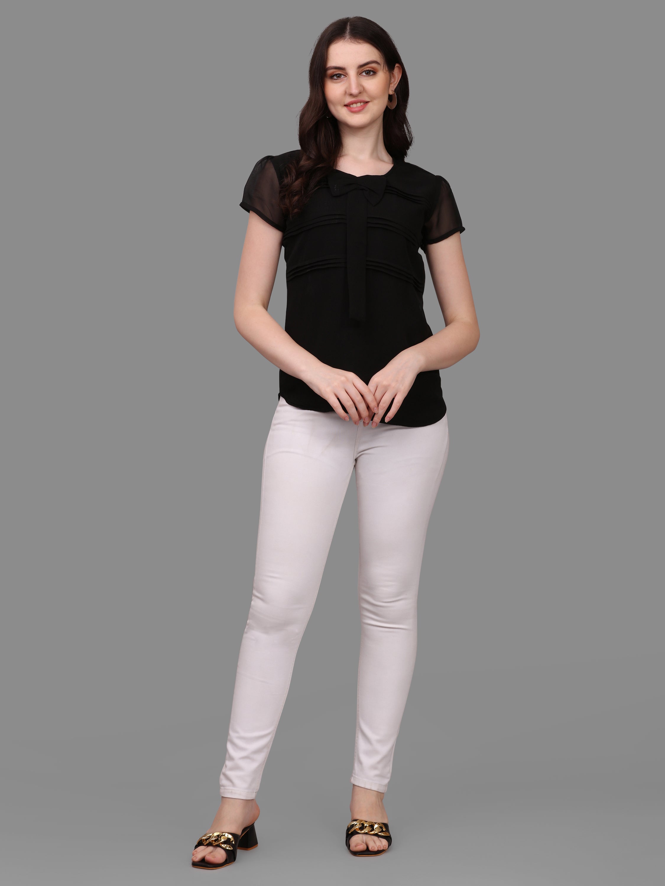 Women Solid Tie Neck Top