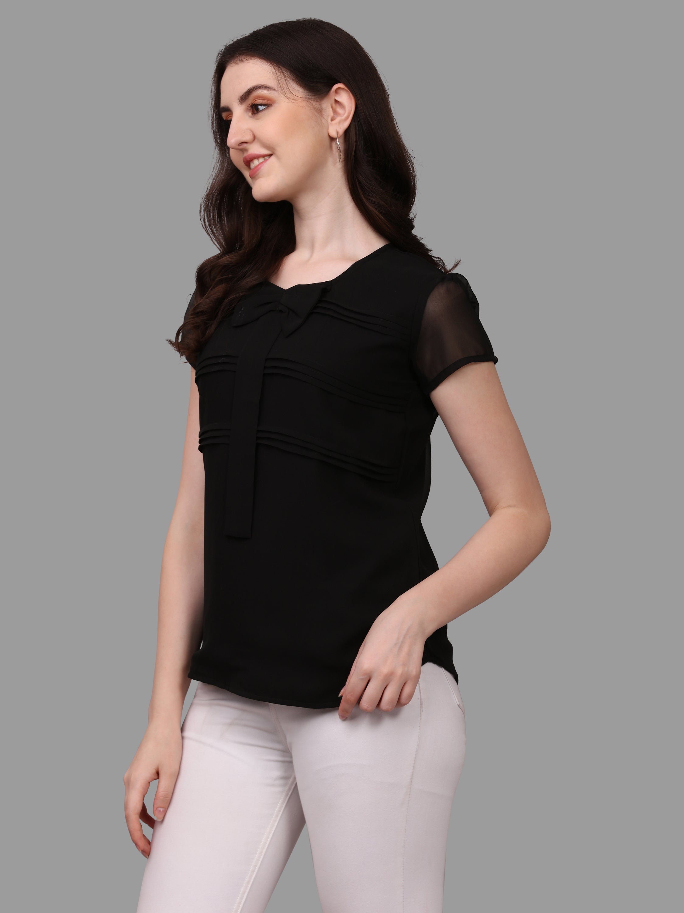 Women Solid Tie Neck Top