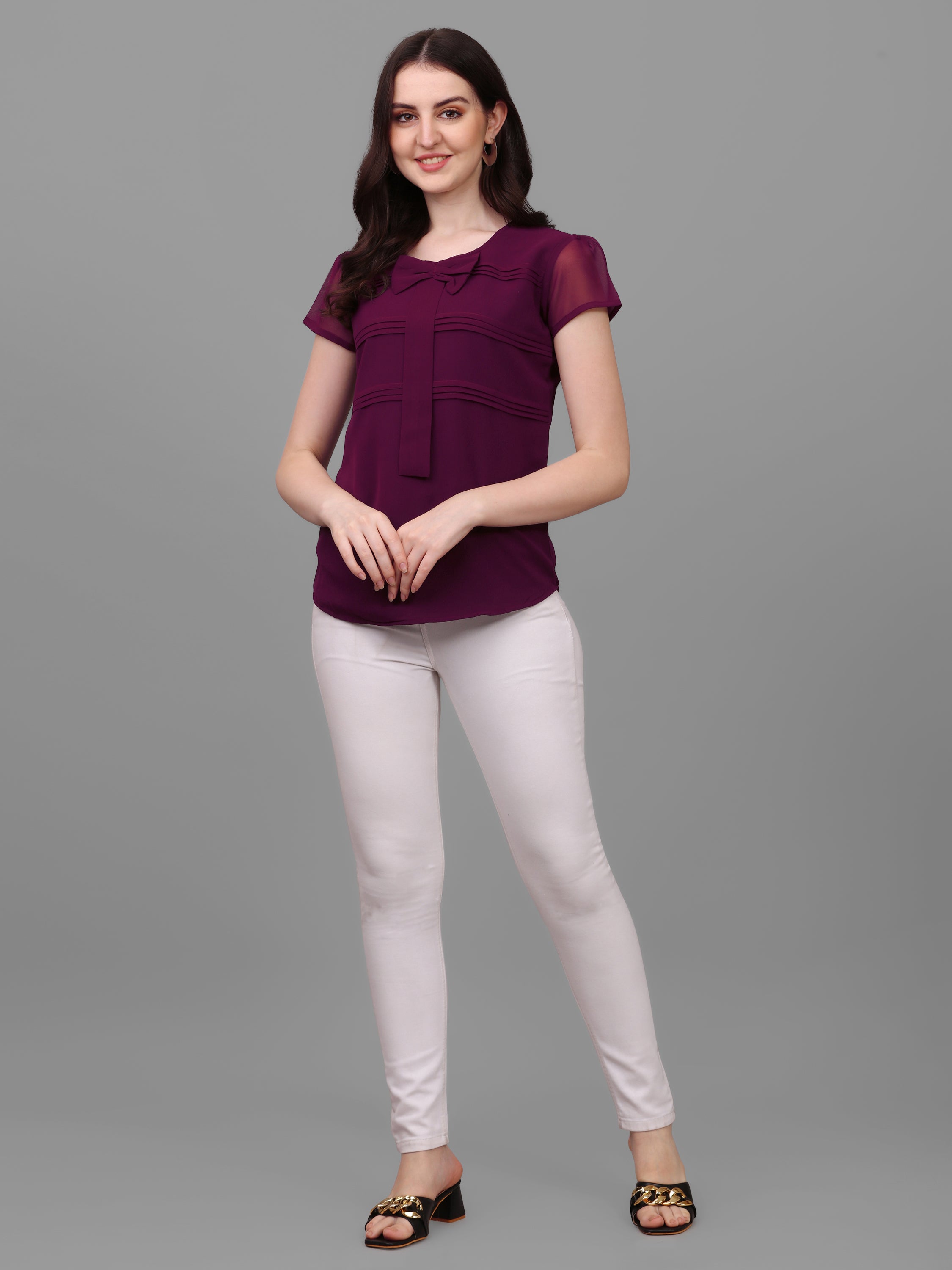 Women Solid Tie Neck Top