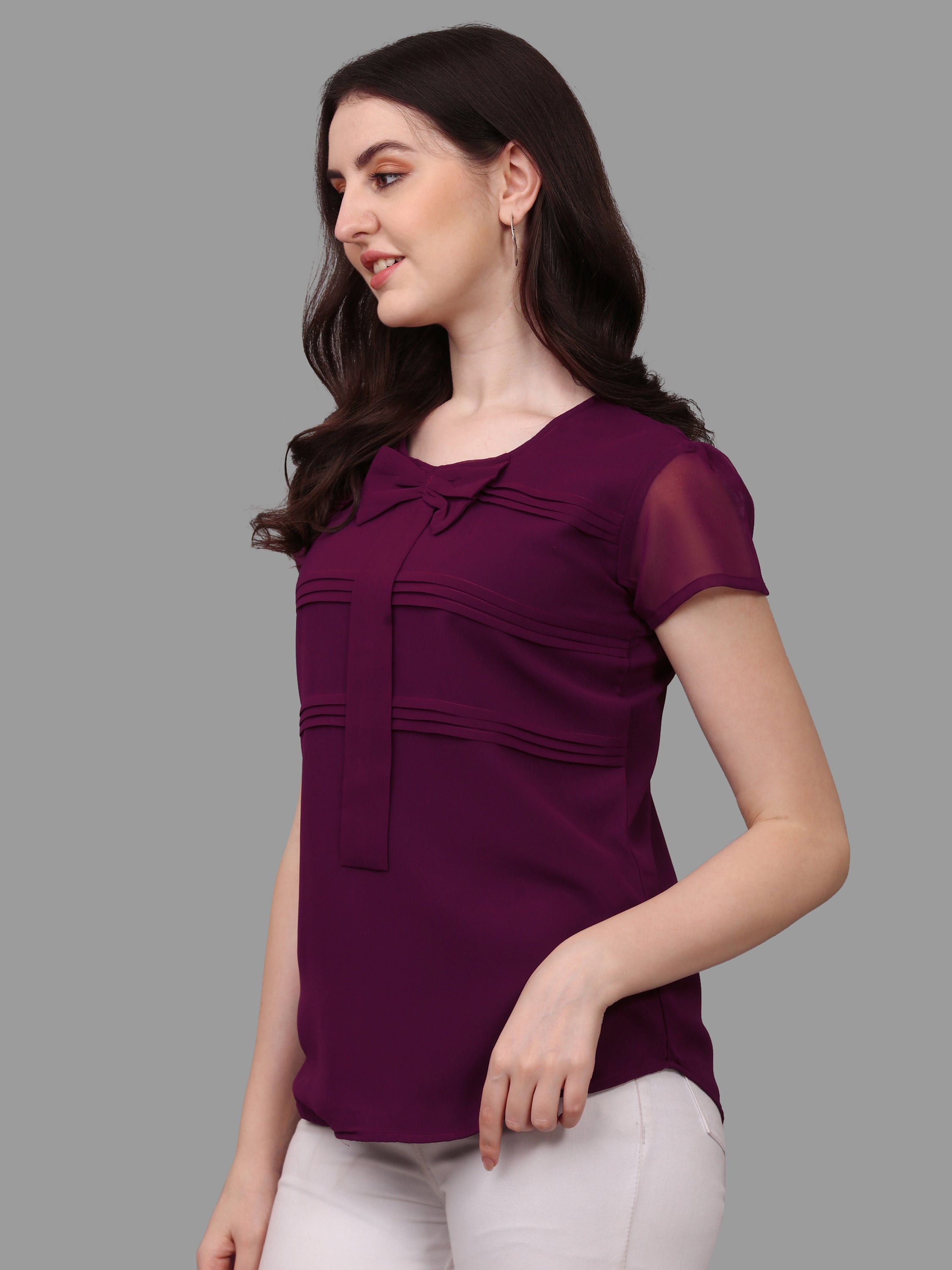 Women Solid Tie Neck Top