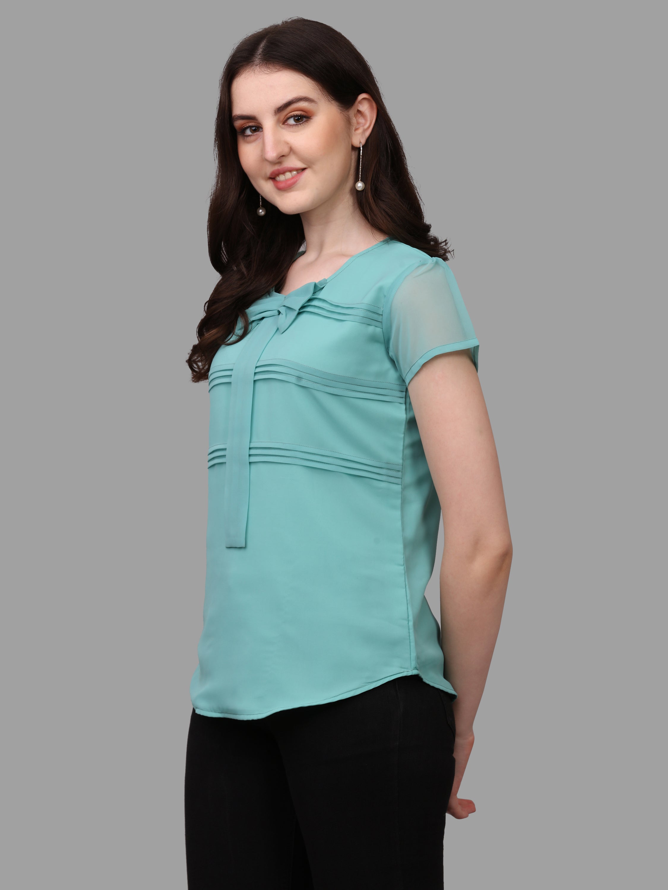Women Solid Tie Neck Top